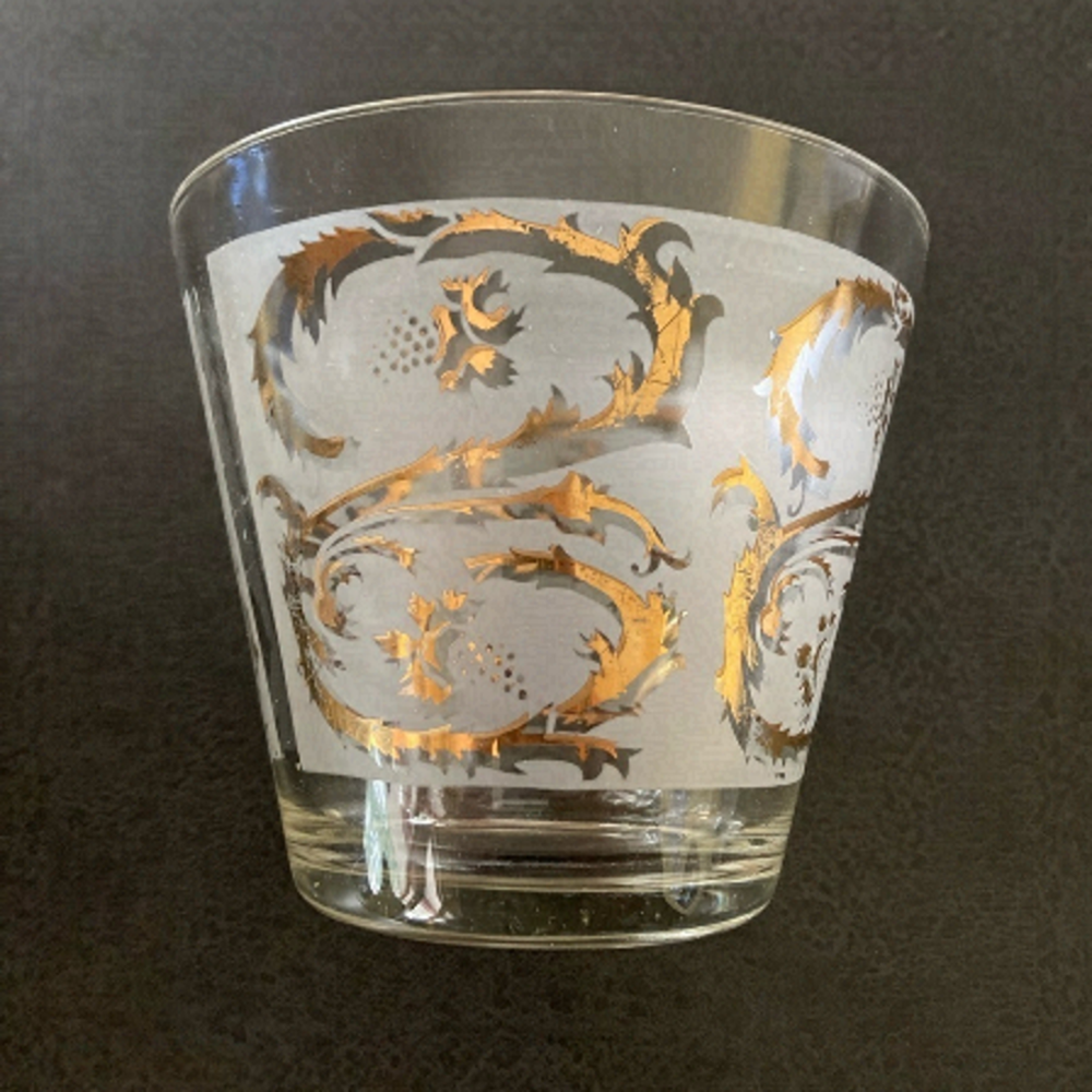 Dominion Frosted glass with Gold scroll ice bucket. MCM Excellent vintage shape